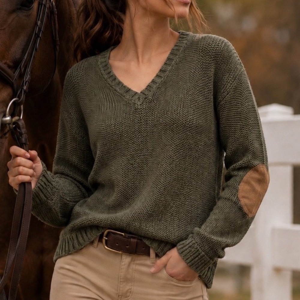 Quinn V-Neck Sweater Women Small Olive Green‎ Elbow Patches Equestrian